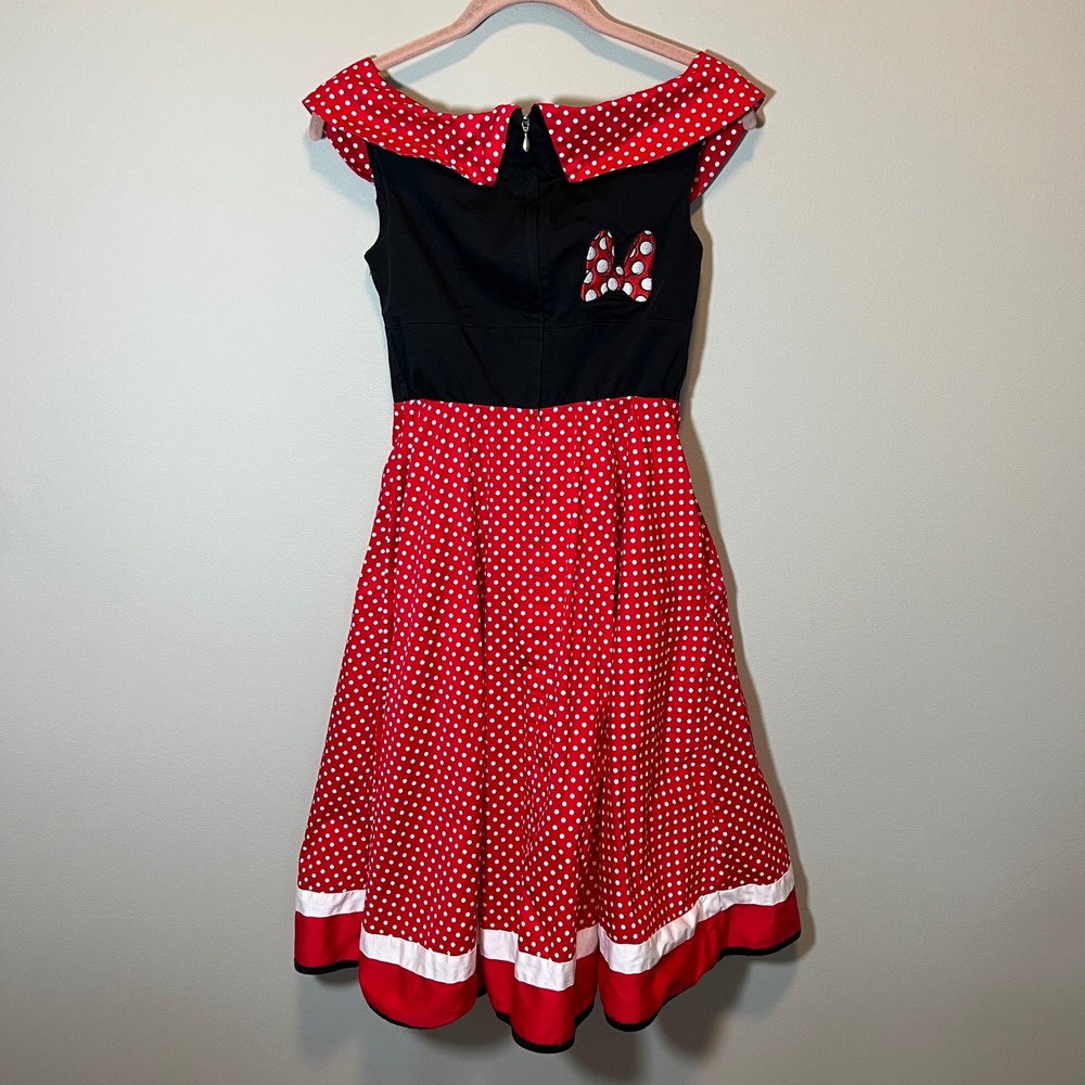 Disney Parks The Dress Shop Minnie Mouse Polka Dot Dress Red Black XS Retro Bow - Picture 9 of 13